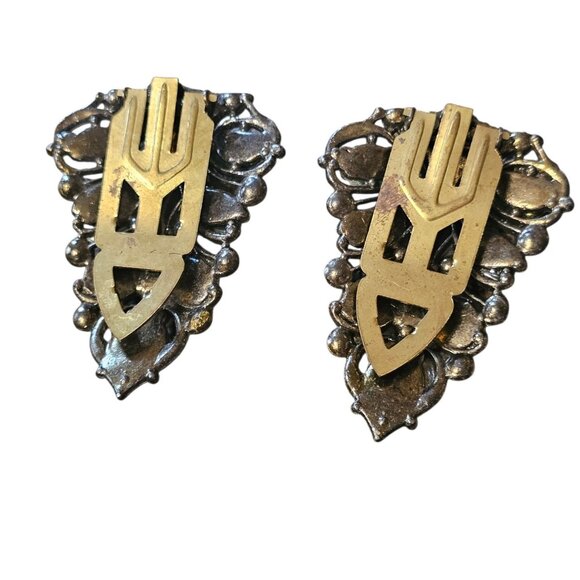 VTG Art Deco Green Leaf Cabochon Dress Clips Silver Tone 1930s 40s? Estate - Picture 6 of 12